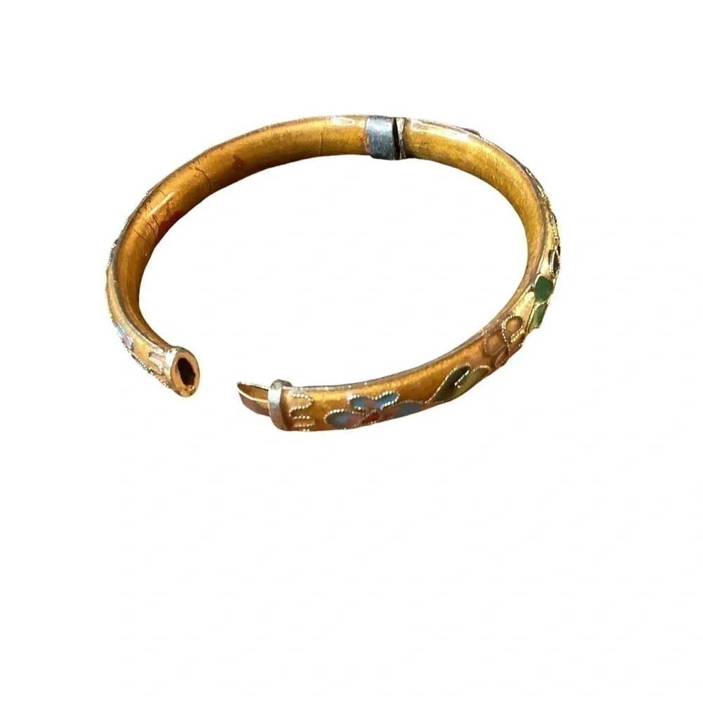 Vintage Cloisonné Hinged Bangle Raised Gold Gilt Enamel Flower
